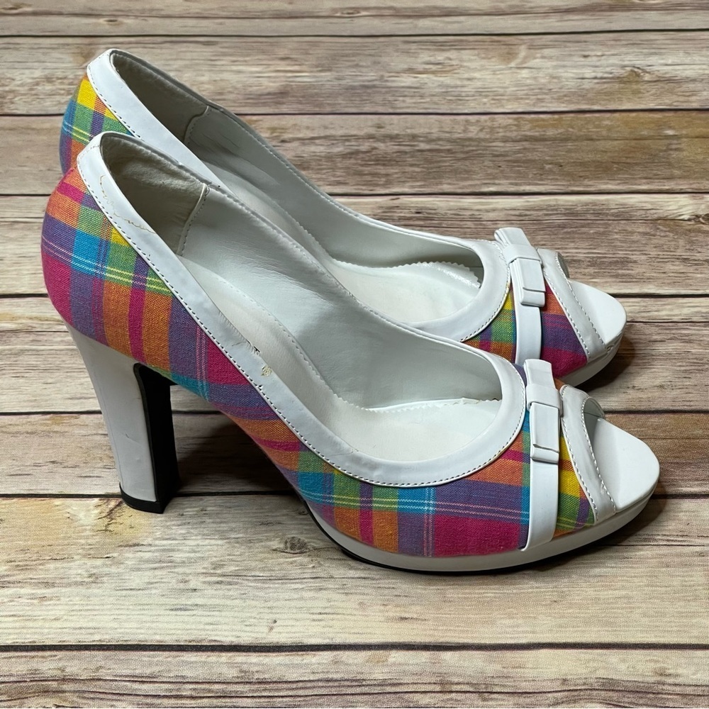 VINTAGE Charles Albert Madras Plaid Peep Toe Heels Pink Size 8